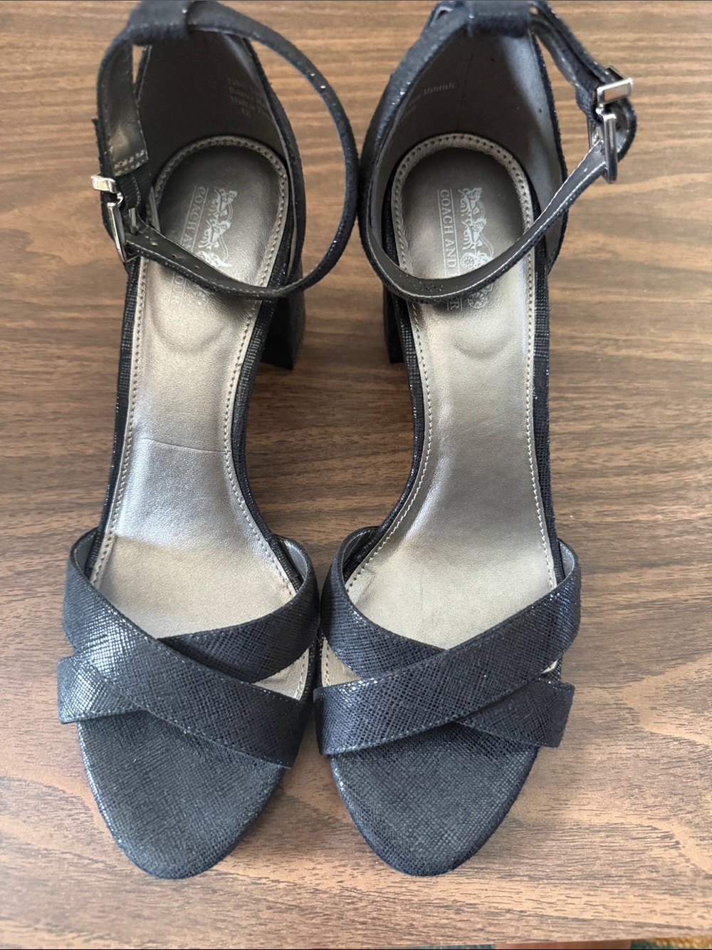 Coach and Four Black Strappy Block Heel Sandals with Ankle Strap
